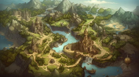 3d render of a fantasy landscape with a river, mountains and a templeの素材