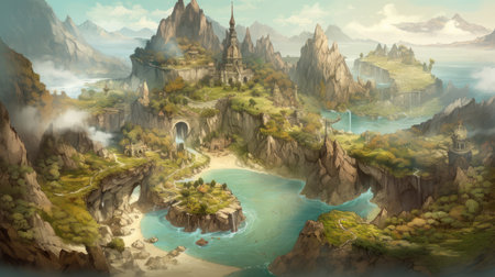Beautiful fantasy landscape with ancient temple in the middle of the seaの素材