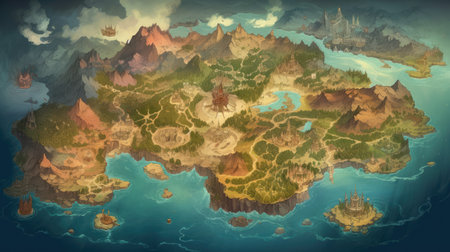 Fantasy landscape with mountains and lake. 3d render illustration.の素材