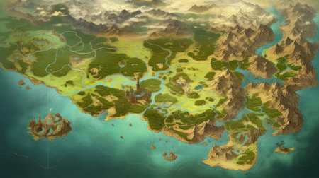 Fantasy landscape with mountains, lakes and rivers. 3D illustrationの素材