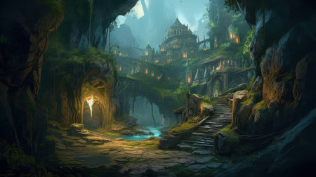 Mysterious cave temple in the jungle. 3D rendering.の素材