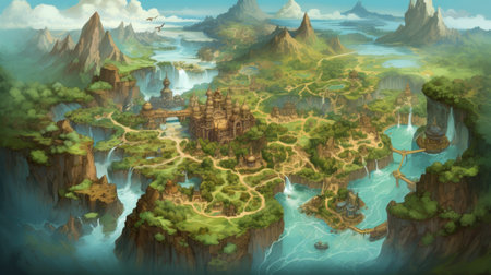 Fantasy landscape with mountains and waterfalls. 3D illustration.の素材