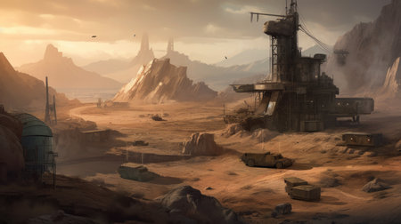 Fantasy alien planets. Mountain and sea. 3D illustration.の素材