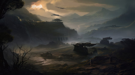 Fantasy landscape with battle tanks in the mountains. 3d illustrationの素材