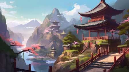 Landscape of chinese temple and mountain with red bridge, 3d renderingの素材