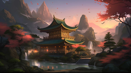 Chinese temple in the mountains. digital painting. 3D illustration.の素材