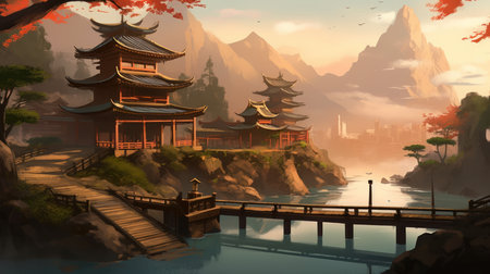 Fantasy landscape with japanese temple in the middle of the lakeの素材