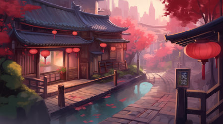 Digital Painting of Traditional Chinese House with Red Lanterns in the Streetの素材