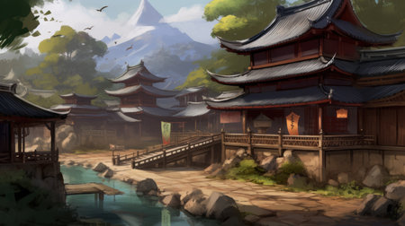 Digital painting of a chinese temple with a mountain in the backgroundの素材