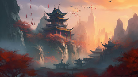 Chinese temple in the misty forest, 3d rendering digital illustrationの素材