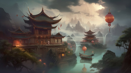 Landscape with ancient buildings and lanterns. 3D rendering.の素材