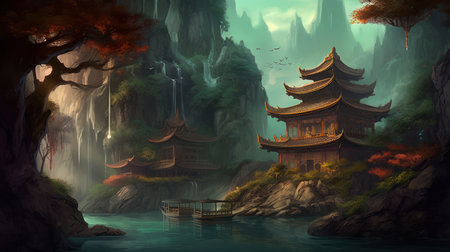 Fantasy landscape with ancient pagoda and lake in the forest illustrationの素材