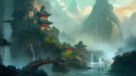 Fantasy landscape with pagoda in the middle of the forest and bridgeの素材