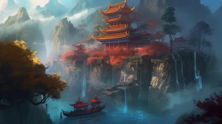 Fantasy landscape with ancient pagoda and dragon boat in the waterの素材