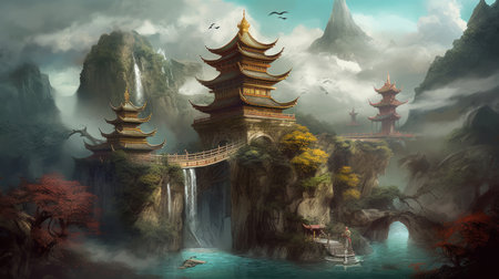 Fantasy landscape with a waterfall, pagoda and bridge. digital painting.の素材