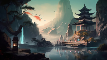 Fantasy landscape with ancient pagoda and lake. digital painting.の素材