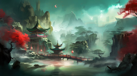 Chinese temple in the mist, illustration of a Chinese temple in the mistの素材