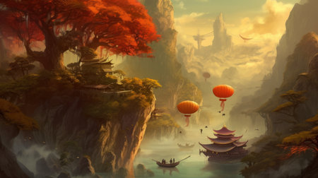 Fantasy Landscape with hot air balloons and pagodas.の素材