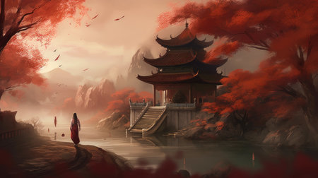 Chinese temple in a foggy autumn landscape - 3D render illustrationの素材