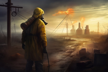 Man in the gas mask on the background of a burning factory.の素材