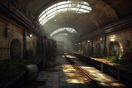 Interior of an abandoned train station in the evening. 3d renderingの素材