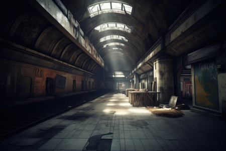 Old abandoned train station in the evening. 3d rendering toned imageの素材