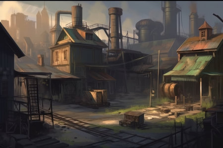 Digital painting of a factory with smoke and smog in the backgroundの素材