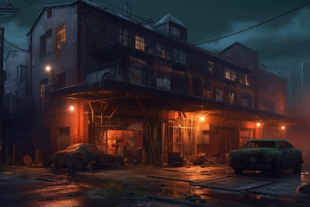 Abandoned industrial building in a foggy night. 3d renderingの素材