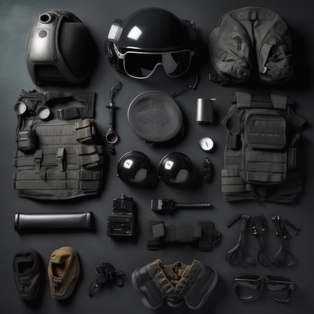Set of military equipment on black background, top view. Space for textの素材