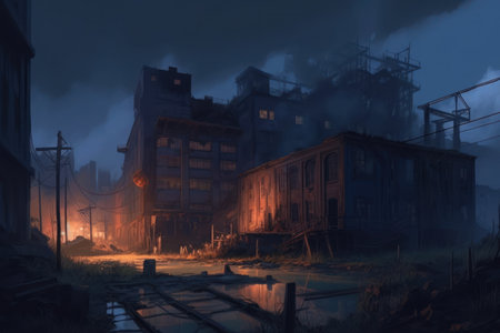 Abandoned factory in a foggy night. 3D renderingの素材
