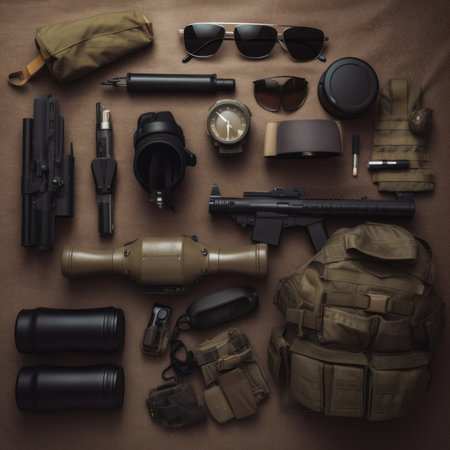 Hunting equipment on brown background. View from above. flat lay.の素材