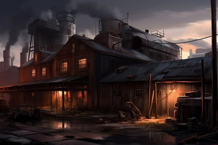 Abandoned factory in the evening. digital painting. 3D renderingの素材