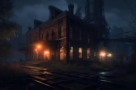 Abandoned factory in the fog at night. 3D renderingの素材