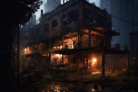 Old wooden house in the middle of the night,3d renderingの素材