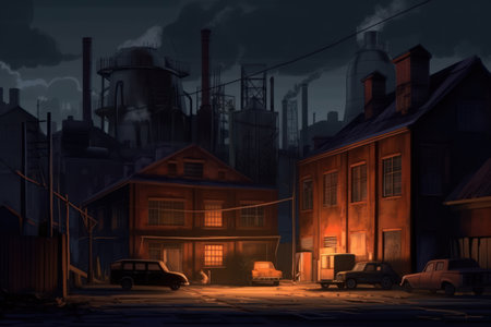Illustration of a factory at night with smoking chimney and carsの素材