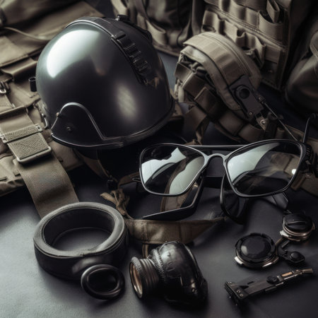 Set of military equipment and accessories on black background. selective focus.の素材