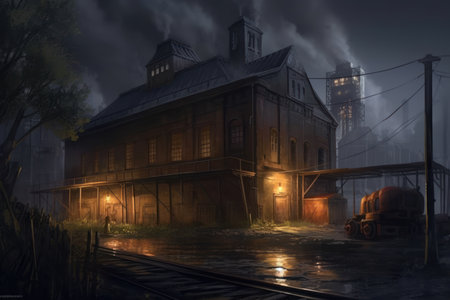 Abandoned railway station in a foggy night. 3D renderingの素材