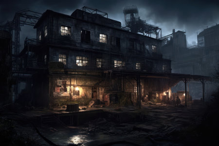 3D render of an abandoned factory with a dark sky background.の素材
