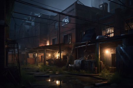 Abandoned factory in the fog at night, 3d renderingの素材