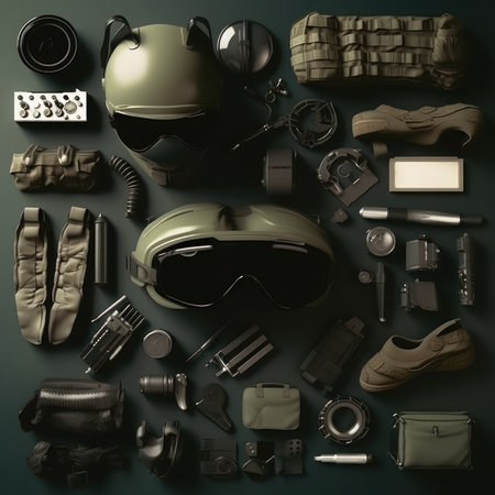 Set of military equipment on a dark background. 3d rendering.の素材