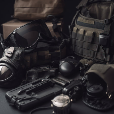 Set of military equipment on a black background. selective focus.の素材