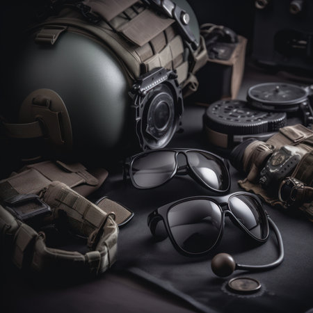 Army helmet, glasses and other military equipment on a dark background.の素材