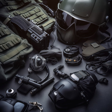 Assorted military equipment on black background. Military and army concept.の素材