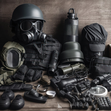 Soldier's equipment on a wooden background. military concept. Toned.の素材