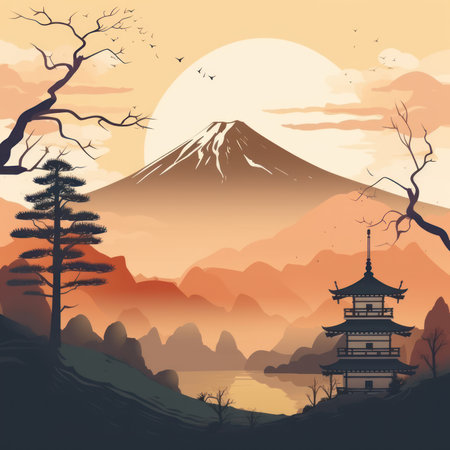Mt. Fuji and pagoda in the mountains. Vector illustration.の素材