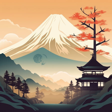 Mt. Fuji and pagoda in the forest. Vector illustration.の素材