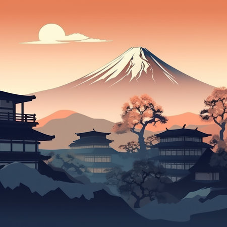 Mt. Fuji and the temple in the mountains. Vector illustration.の素材
