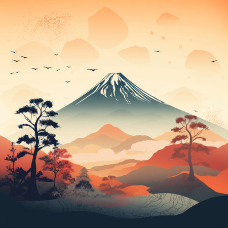 Mt. Fuji and forest landscape, japan vector illustration.の素材