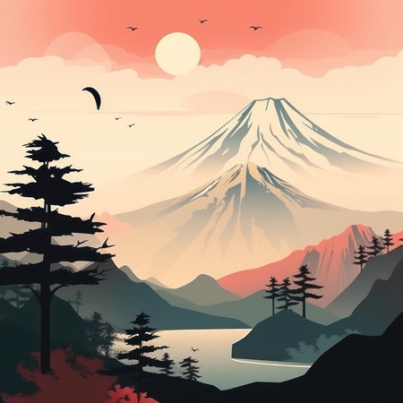 Mount Fuji and Lake Kawaguchiko, Japan. Vector illustration.の素材