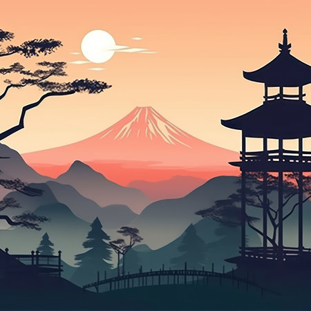 Mount Fuji and Pagoda in the morning, Japan, vector illustration.の素材